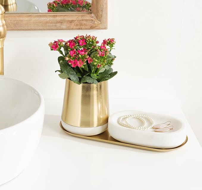 Kate and Laurel Koni Modern Glam Three-Piece Tabletop Organization Set, 12 x 6 x 5, White Marble and Gold, Marble and Metal Organizational Set for Office or Entryway Decor