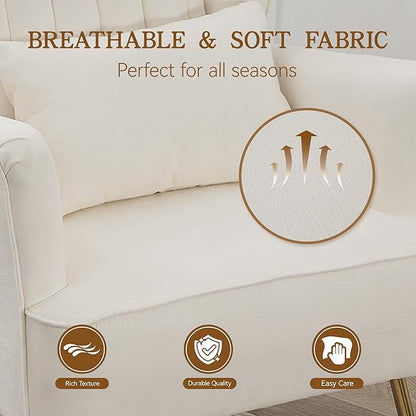Fabric Accent Living Room Arm Chair Set of 2 Mid Century Modern Chairs with Pillow & Golden Legs, 8.5" Thick Cushion, Upholstered Comfy Sofa Armchair for Reading Room/Bedroom, White