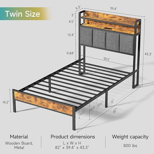 Z-hom Twin Bed Frames, Twin Bed Frame with 2-Tier Storage Upholstered Headboard, Metal Platform with USB Charging Station & LED Lights, Noise Free, No Box Spring Needed, Easy Assembly, Vintage Brown
