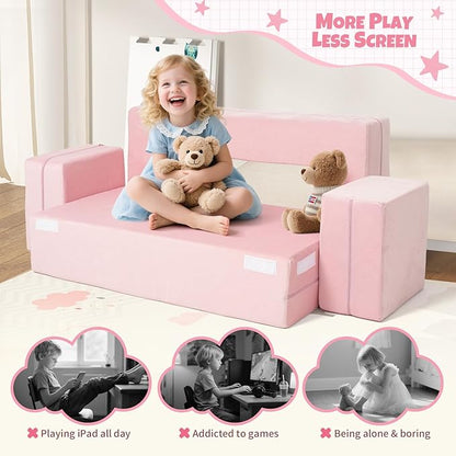5 Pcs Modular Kids Play Couch, Toddler Couches That Fold Out, Plush Foam Chair for Children’s Playroom, Velvet Fabric Convertible Foam and Floor Cushion for Boys and Girls (Pink,02)