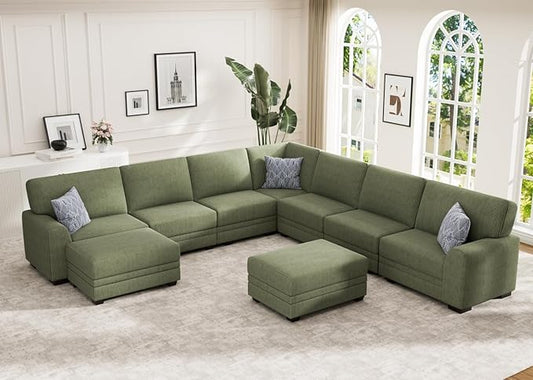 Wanderwell Oversized Modular Sectional Sofa, 6-Seater U Shaped Couches with Movable Ottoman,Corduroy Sectional Couch with Wide and Deep Seats Suitable for Living Room,Bedroom,Apartment (Olive, U-9)