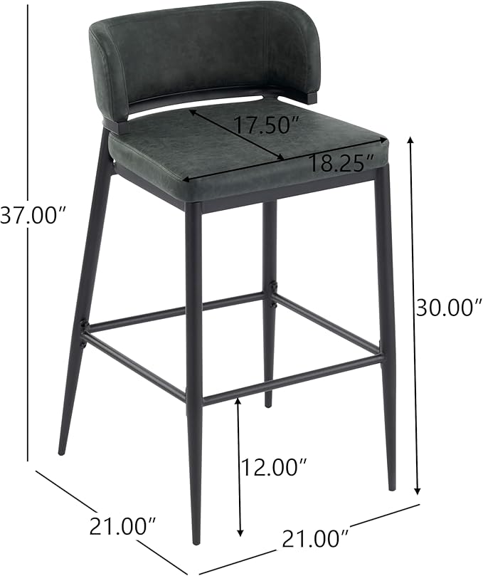 Christopher Knight Home Ebany Barstools Set of 2, Metal Frame Counter Stools, Upholstered Kitchen Chair, Curved Back Support Bistro Chairs, 30" H Island Stool for Dining Kitchen Cafeteria, Dark Green