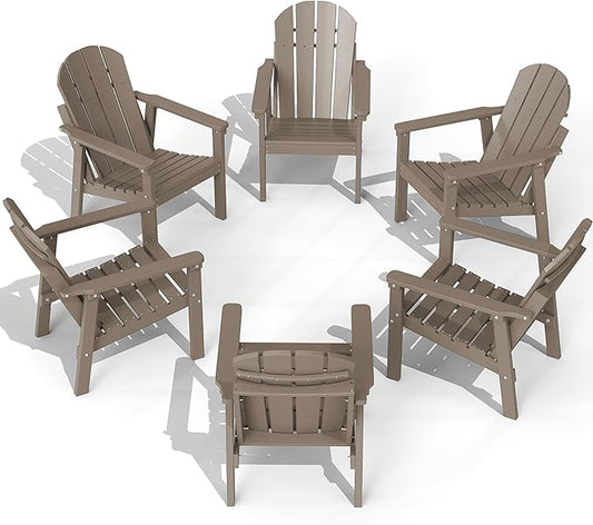 Adirondack Chair Set of 6, All Weather HDPE Fire Pit Chairs, Oversized Plastic Adirondack Chair for Outdoor, Balcony, Deck, Backyard, Patio, Garden, Poolside, Lawn Brown