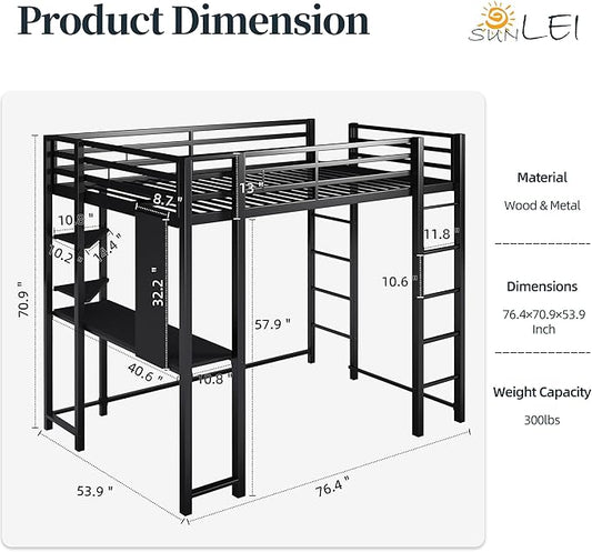 SUNLEI Metal Loft Bed Frame with Desk, Full Size Loft Bed with 2 Built-in Ladders & Safety Guard, Noise Free for Small Bedroom, Classic Black