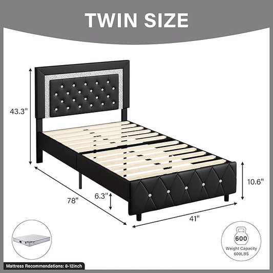 BarnFurin Twin Bed Frame with Headboard, Upholstered Bed with Diamond Tufted Design, Kids Bed Frame with Wooden Slats Support, No Box Spring Required, Easy Assembly, Black