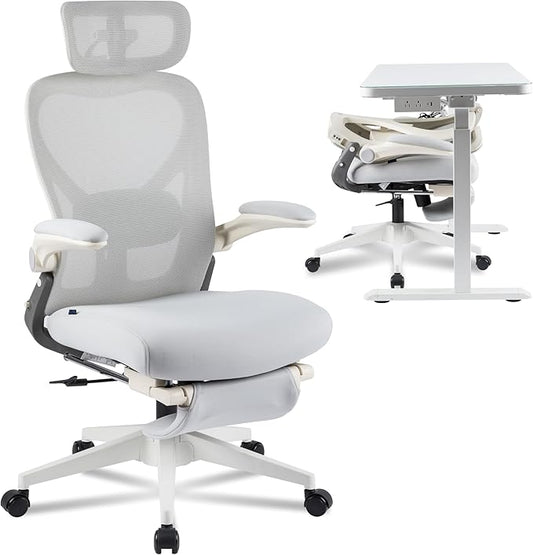 FLEXISPOT Foldex Ergonomic Office Chair, Folding Chair for Small Spaces with Lumbar Support, Flip-up Armrests, 3D Headrest, Desk Chairs with Footrest for Work,Video Game (Foam Seat, Grey)