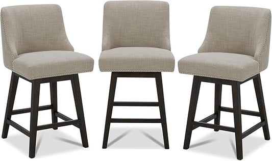 CHITA Counter Height Swivel Bar Stools Set of 3, FSC Certified Upholstered Counter Stools, Modern Swivel Barstools with Wood Legs for Kitchen Island, 26" Seat Height, Fabric in Tan