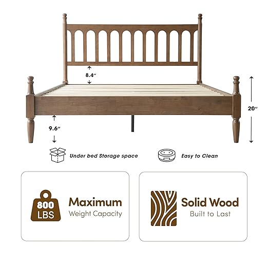 Queen Size Bed Frame with Headboard & Footboard, Solid Wood Platform Design, Center Metal Legs with 12 Durable Slatted Base, No Box Spring Needed, Anti-Slip & Noise-Free, Barnwood Finish, WCQ-30