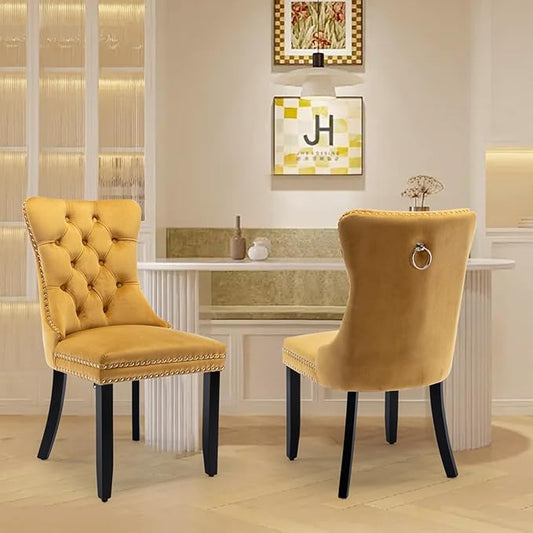 Velvet Upholstered Dining Chairs Set of 6, Modern Style Kitchen Side Chairs with Nailhead Trim and Wood Legs,Metal Pulling Ring for Dining Room Living Room(Gold,Set of 6)