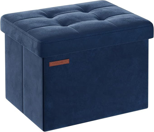 SONGMICS Storage Ottoman, Foldable Small Ottoman Foot Rest, 12.2 x 16.1 Inches Foot Stool, Load up to 286 lb, for Living Room, Bedroom, Dorm, Midnight Blue ULSF200Q01