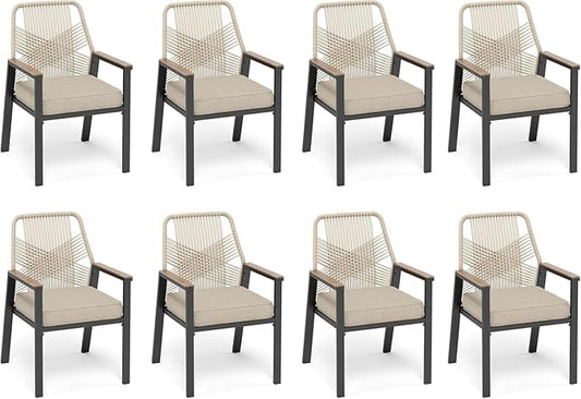 Patio Dining Chairs Set of 8, Heavy-Duty Woven Rope Outdoor Chairs with Waterproof Cushion and Wrought Iron Frame, All-Weather Outside Seating for Kitchen Garden Deck Backyard
