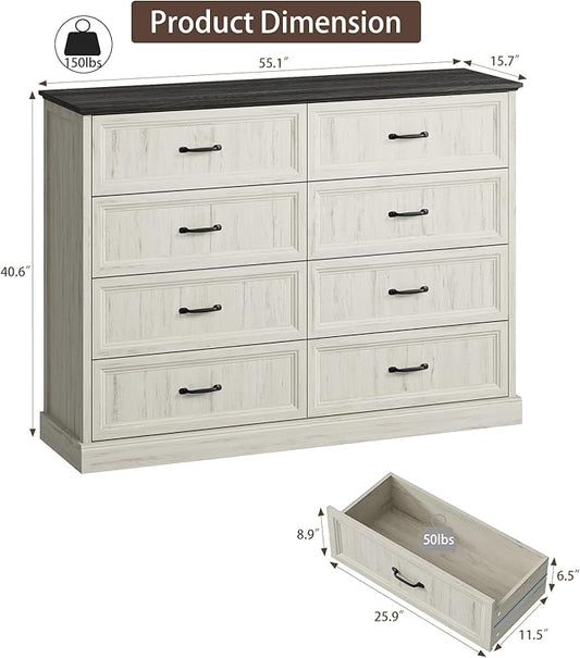CARPETNAL Farmhouse 8 Drawer Dresser for Bedroom, 55 Inch Wide Modern White Dresser TV Stand with Large Drawers & Bar Handles, Rustic Wood Chest of Drawers for Bedroom, Living Room, Hallway, Entryway.