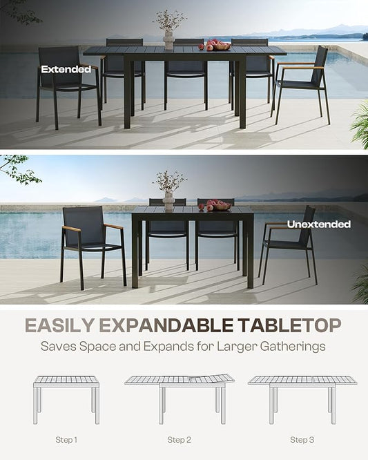 Expandable Outdoor Patio Dining Table Set for 6-8 Person, Aluminum Outdoor Table and 6 Chairs with Textilene Fabric & HDPS Armrest, All-Weather Patio Furniture Set for Yard, Garden, Gray