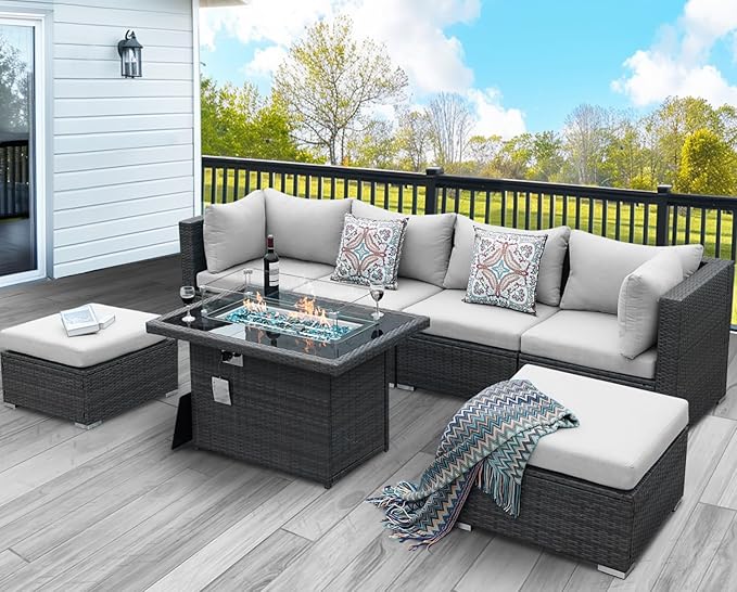 NICESOUL 6 Seats Modern Outdoor Furniture Set with Firepits Natural Gas/Propane, Extra Large Wicker Patio Sofa Sectionals for Outside, 29.3'' High Backrest Modular Deep Seated Conversations, Gray