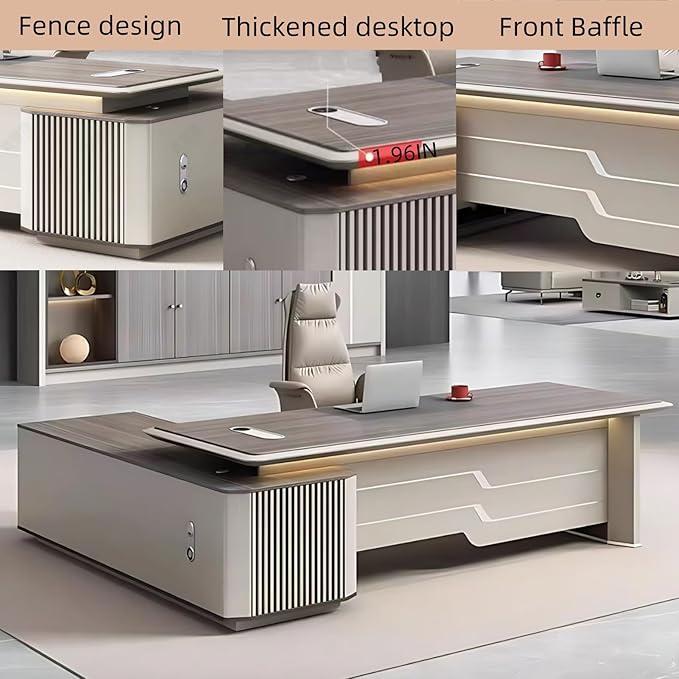 94IN Executive Office Desk - Large Office Desk L Shaped Computer Desk with 2 Drawers & Grille Design | Thickened Countertop & Large Capacity Side Cabinet Storage & Metal Cabinet Handle