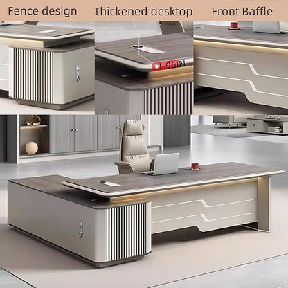 94IN Executive Office Desk - Large Office Desk L Shaped Computer Desk with 2 Drawers & Grille Design | Thickened Countertop & Large Capacity Side Cabinet Storage & Metal Cabinet Handle