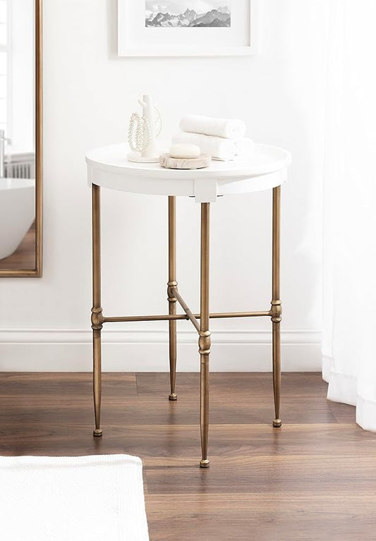 Kate and Laurel Valdi Modern Round Side Table; 19 x 26; White and Antique Gold; Glam Circle End Table with Geometric Metal Base and Raised Edge Tabletop