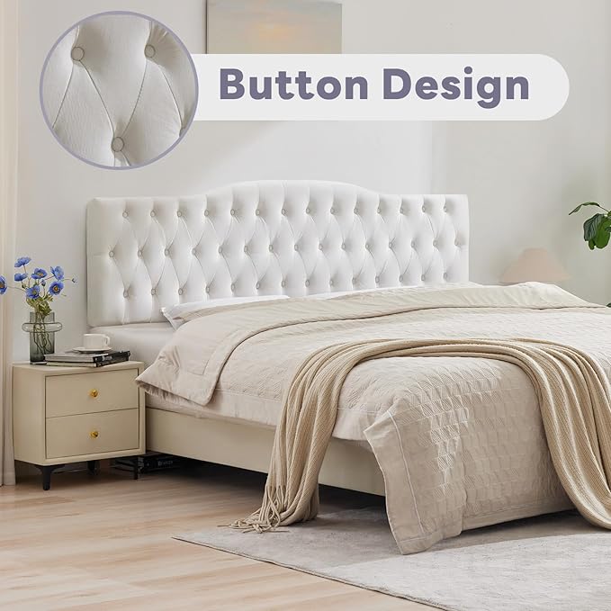 Upholstered Full Headboard, Button Diamond Tufted Headboard with Adjustable Height and Solid Wood Leg, Velvet Padded Headboards for Full Size Bed, Modern Head Board, White