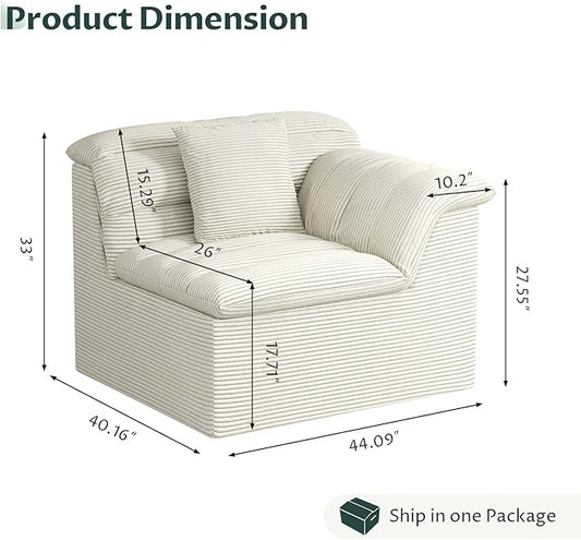 44" Cloud Sectional Couch with Single Arm, Modern Compressed Sofa, Comfy Sleeper Sofa, Corduroy Upholstered Couches for Small Space/Apartment, No Assembly Required, Beige, Right Side