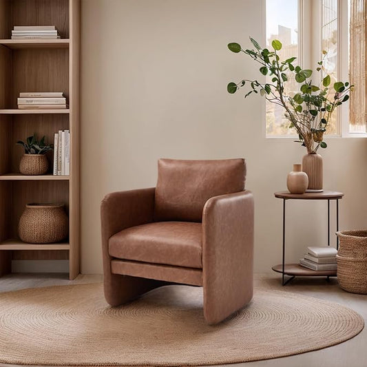 Modern Accent Barrel Chair, Single Sofa Chair with Removable Back Pillow, Comfy Pu Leather Upholstered Reading Accent Chair Lounge Armchair for Bedroom Living Room, Brown