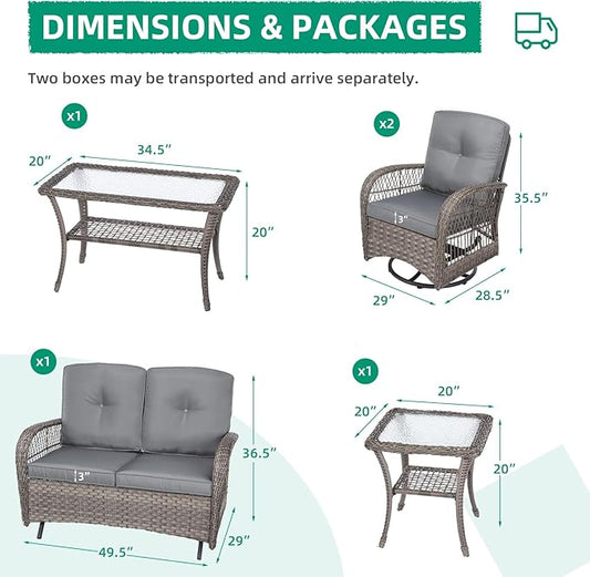 VIVIJASON 5-Piece Outdoor Patio Wicker Conversation Sets, All Weather Outdoor Rattan Furniture Set Includes Glider Loveseat, 2 Coffee Table, 2 Swivel-Gliders Chairs with Cushions, Grey