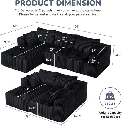 BV 102" Modern Modular Sectional Sofa,Cloud Couch Sectional with Chaise,Comfy Upholstered L-Shape Sofa for Living Room, Deep Seat Boneless Couch, No Assembly Required,Black