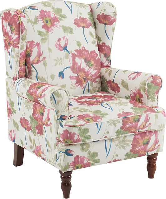 MELLCOM Floral Accent Chair, High Back Upholstered Armchair with Solid Legs, Leisure Single Sofa Chair for Living Room, Bedroom, Home Office, Pink Floral