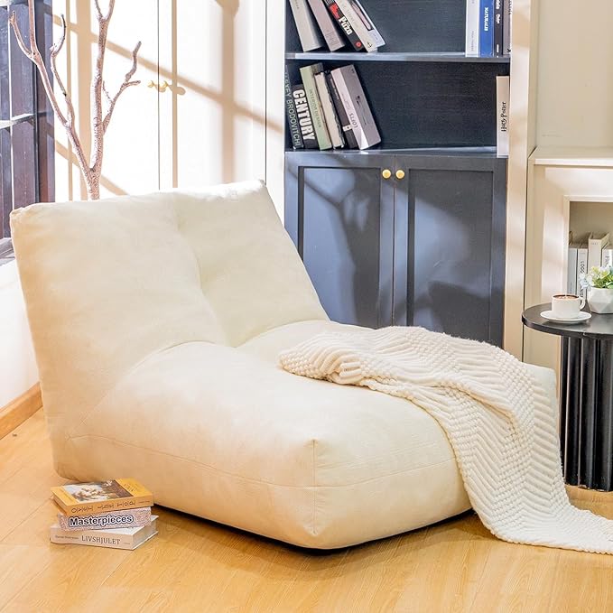 Bean Bag Chairs for Adults, Memory Foam Bean Bag Chair, Ergonomic Support Reading Floor Sofa Chair with Filler, Comfy Cozy Beanbag Couch for Bedroom Living Room （Beige Upgrade Sponge）