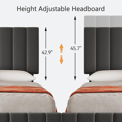 Garvee King Size Bed Frame with 4 Storage Drawers, Adjustable Height Headboard, Linen Upholstered Platform Bed Frame, No Box Spring Needed, Easy Assembly, Grey