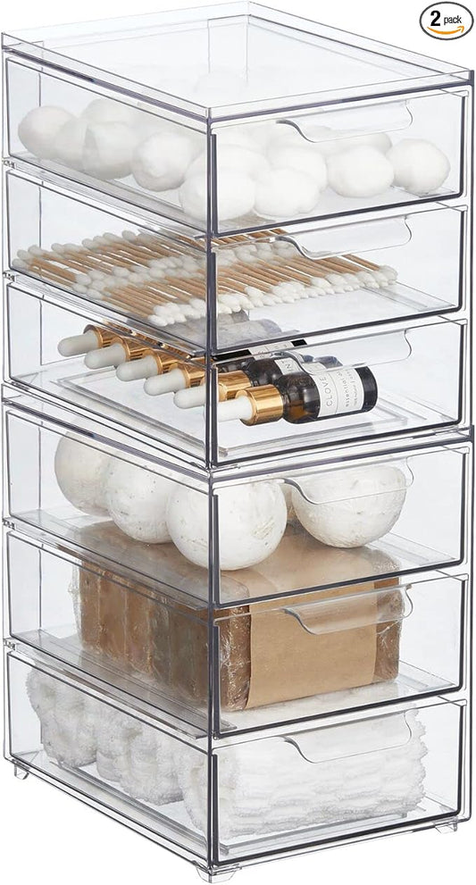 mDesign Plastic Stackable Organizer with 3 Drawers - Pull-Out Drawer Storage Bin for Bathroom Sink/Cabinet Organization - Perfect for Makeup, Small Towels, and More - Lumiere Collection, 2 Pack, Clear