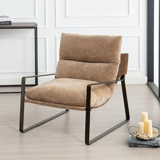 HEAH-YO Modern Accent Chair Set of 1, Upholstered Chenille Living Room Chair with Bronze Metal Legs, Comfy Arm Side Chair for Bedroom, Khaki