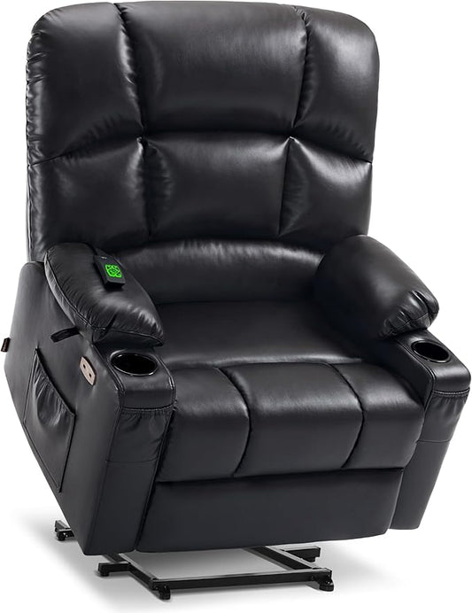MCombo Oversized Dual Motor Power Lift Recliner Chair Sofa with Massage and Heat for Big Elderly People, Infinite Position, USB Ports, Faux Leather R7688 (Black, Large-Oversize)