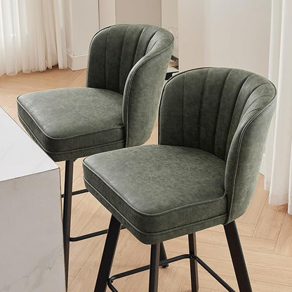 Swivel Counter Height Bar Stools Set of 4, 30'' Modern Barstools with Backs and Metal Legs, Upholstered Bar Chairs, Faux Leather Green Stools for Kitchen Island Chairs