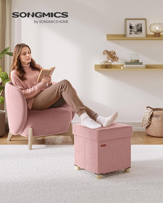 SONGMICS Small Storage Ottoman, Folding Ottoman Cube, 15 x 15 x 15.7 Inches, Footstool, Footrest, 9.8 Gal. (37 L), Velvet Surface, for Bedroom, Living Room, Dorm, Jelly Pink ULSF0516R01