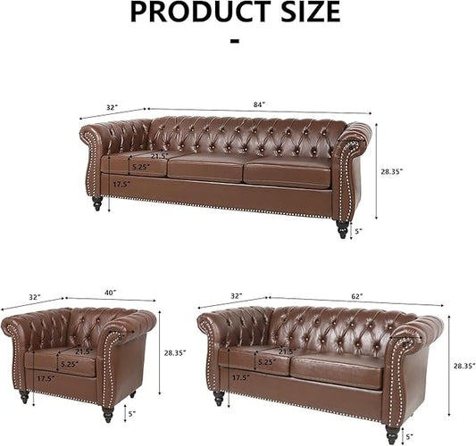 Loveseat Sofa Couch, Modern PU Leather Upholstered Sofa, Oversized Comfy 2 Seater Love Seat Couch with Cushions, Mid Century Tufted Chesterfield Sofa for Living Room, Bedroom, Apartment (Brown)