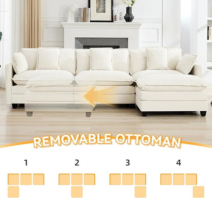 111'' Sectional Cloud Deep Seat Couch, Modern Comfy Chenille L Shaped Sectional Sofa for Living Room Set, Upholstered Modular 4-Seats Sofa Couch with Movable Ottoman, Beige