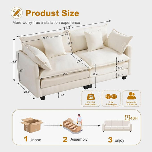 77" Cloud Chenille Sofa Set with Pillows, Deep Seat Loveseat Couch for Apartments, Space Saving 2-Seater with Solid Wood Frame, Easy Assembly (1YR Guarantee)
