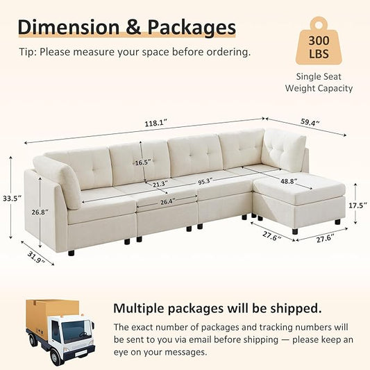 VANOMi 4 Seat Modular Sectional Sofa with Ottoman, 118" Cloud Sofas & Couches, Cozy Chenille Sectional Couches for Living Room, Apartment, Office, Beige, L Shaped