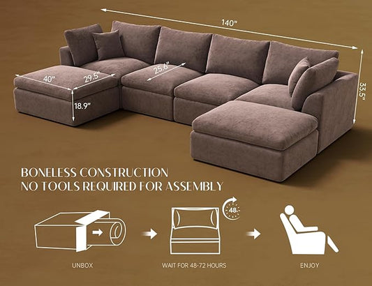 Oversized Cloud Sectional Couches for Living Room, Boneless U Shaped Couch with Ottoman, 4 Seater Modular Sectional Sofa, Brown