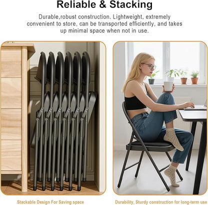 18 Pack Black Folding Chairs with Padded Cushion for Outside, Portable Stackable Commercial Metal Foldable Chairs with Steel Frame for Home Events Office Wedding Party, 350lbs Capacity