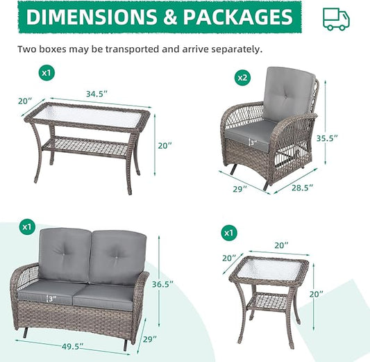 VIVIJASON 5-Piece Outdoor Patio Wicker Conversation Sets, All Weather Outdoor Rattan Furniture Set Includes Glider Loveseat, 2 Coffee Table, 2 Glider Rocker Chairs with Cushions, Grey