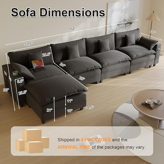 Cloud Couch, Modular Sectional Sofa with Ottoman, Charging Station, Throw Pillows, Cup Holders, Modern Convertible L Shaped Couches for Living Room, Bedroom (Classic Black, 152"- L Shape)