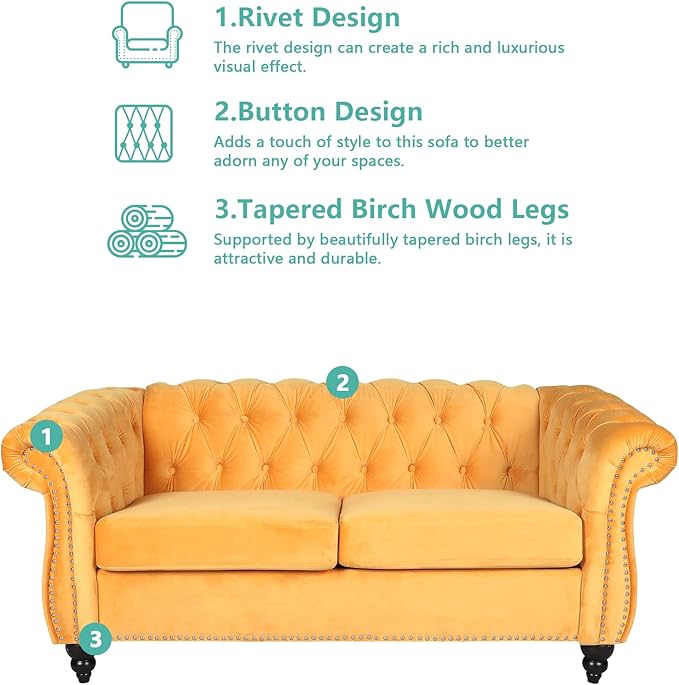 Velvet Loveseat Sofa, Mid Century Modern Upholstered Couch, 62" Oversized Comfy 2 Seater Love Seat Couch with Cushions, Tufted Chesterfield Sofa for Living Room, Bedroom, Apartment (Yellow)