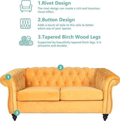Velvet Sofa Couches Set, 3-Piece Mid Century Modern Upholstered Couch with Cushions, Home Sofa Sectional Furniture Sets, Comfy Tufted Chesterfield Couches for Living Room, Bedroom, Office