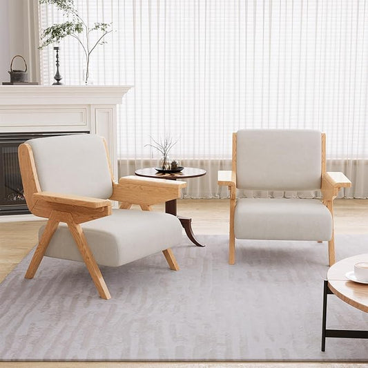 Mid Century Modern Accent Chair Set of 2, Fabric Upholstered Lounge Arm Chairs with Solid Wood Frame for Living Room, Bedroom, Office, Reading Corner(White)