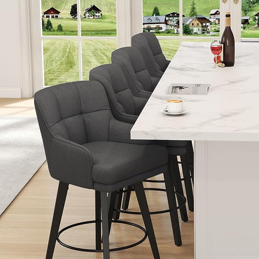 360°Swivel Counter Height Bar Stools with Back, 26 inch Solid Wood Legs, Bar Stool Modern Kitchen Island Chairs, Fabric (Black Grey- Fabric, 26" H- Set of 6)