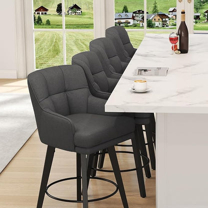 360°Swivel Counter Height Bar Stools with Back, 30 inch Solid Wood Legs, Bar Stool Modern Kitchen Island Chairs, Fabric (Black Grey- Fabric, 30" H- Set of 2)