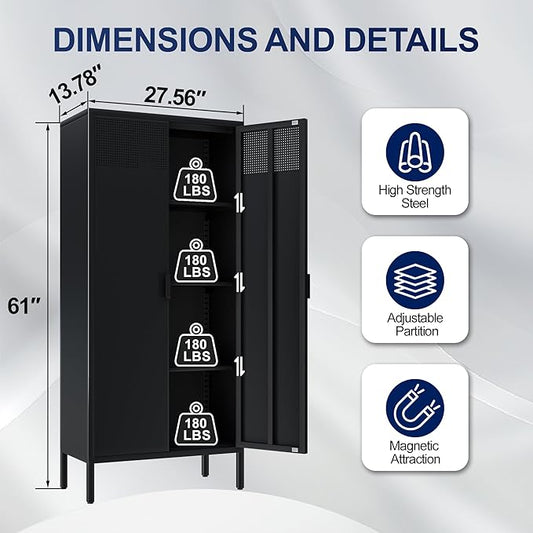 Metal Storage Cabinets with Adjustable Shelves，Pantry Kitchen Storage Cabinets，Floor Storage Cabinet for Kitchen, Laundry Room, Home Office, Kids Room (Black, 61''H)