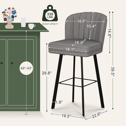 Swivel Counter Height Bar Stools Set of 2, 30'' Modern Barstools with Backs and Metal Legs, Upholstered Bar Chairs,Mid-Gray,Fabric Stools for Kitchen Island Chairs