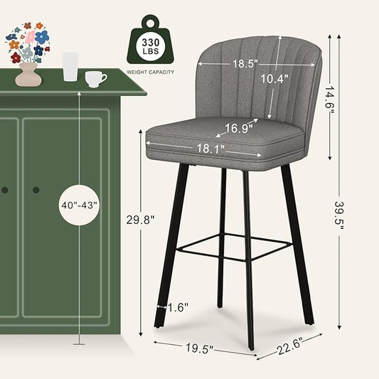 Swivel Counter Height Bar Stools Set of 4, 30'' Modern Barstools with Backs and Metal Legs, Upholstered Bar Chairs,Mid-Gray,Fabric Stools for Kitchen Island Chairs